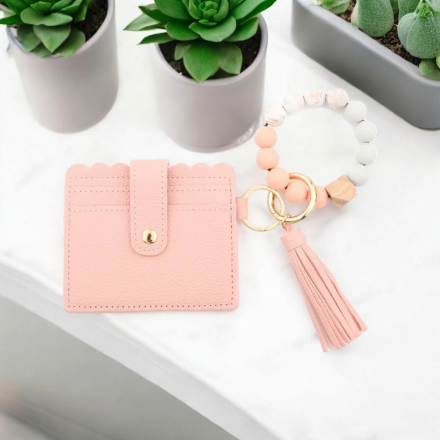 Wristlet Keychain with Silicone Beaded Bracelet Wallet