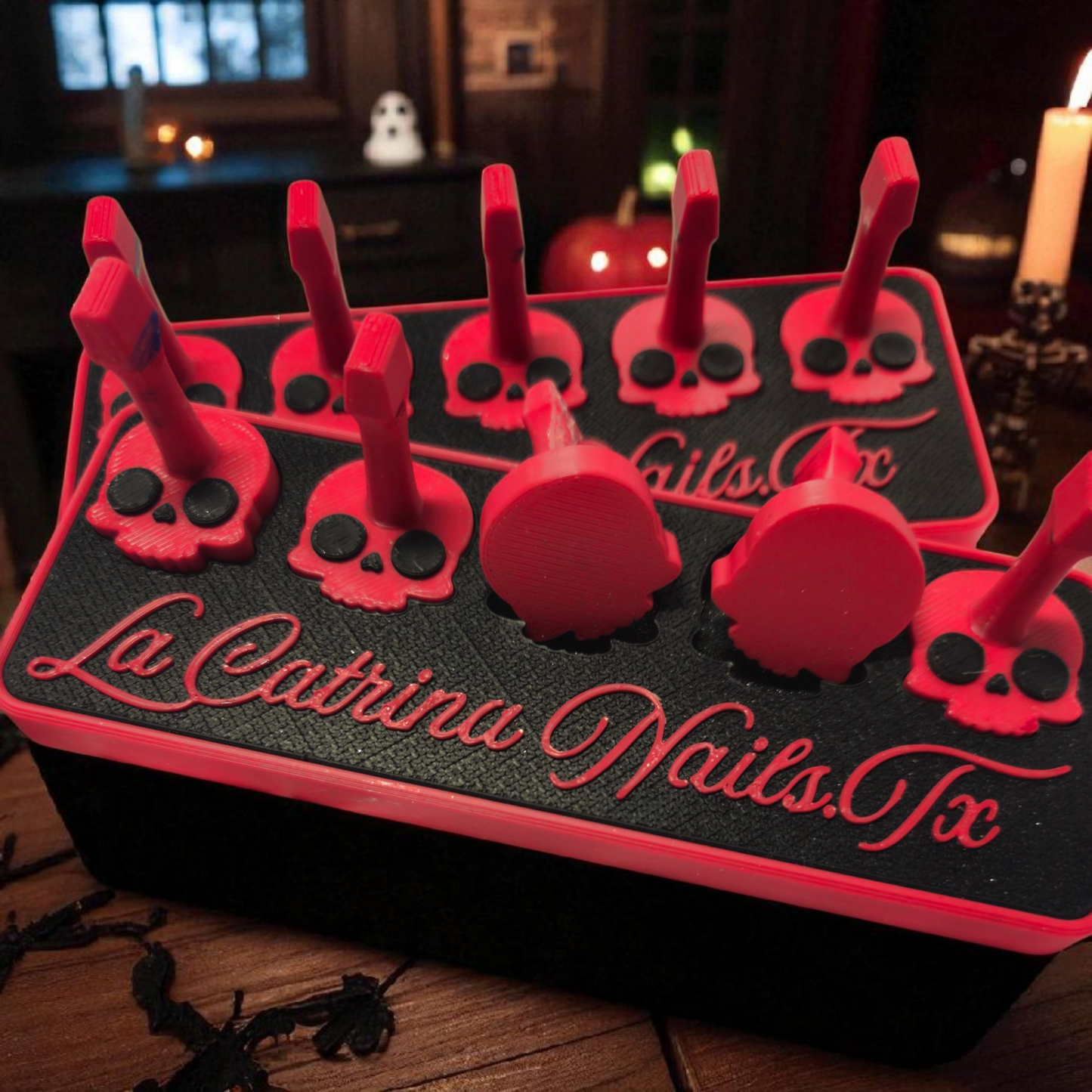 XL Non-Magnetic Skull Nail Stands With La Catrina Nails.TX name plate