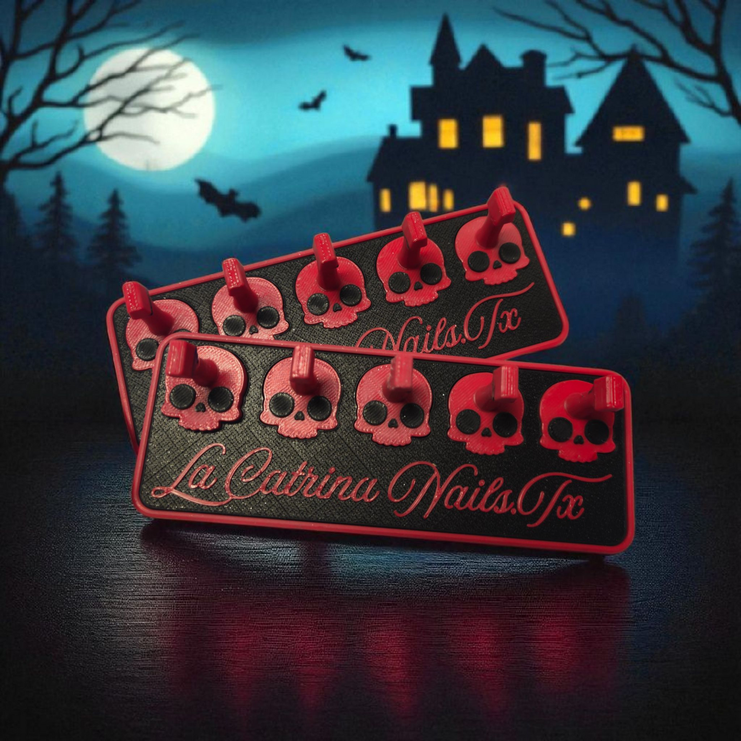 XL Non-Magnetic Skull Nail Stands With La Catrina Nails.TX name plate