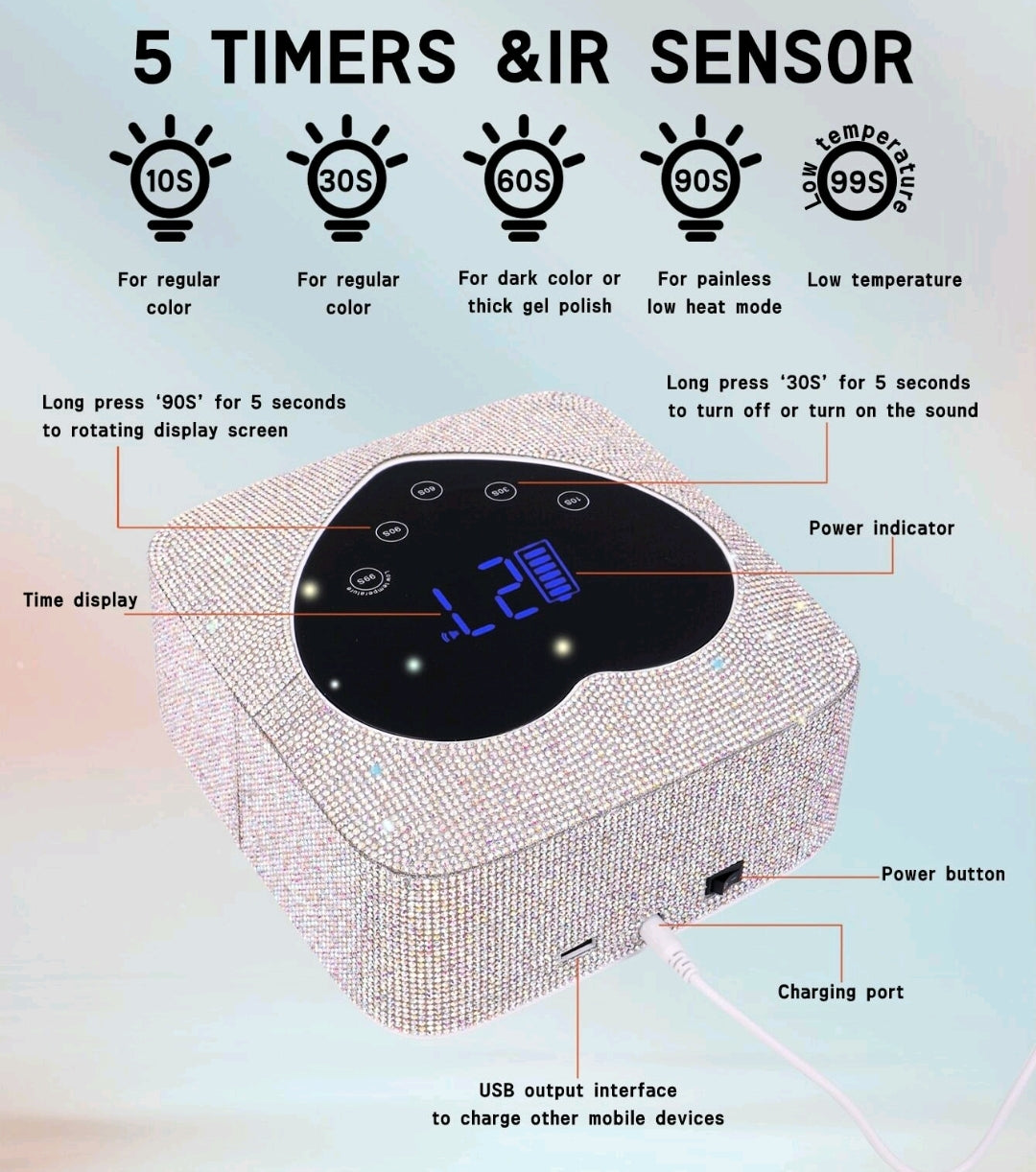 Rechargeable Cordless Rhinestone UV.LED Lamp | Only Black is available