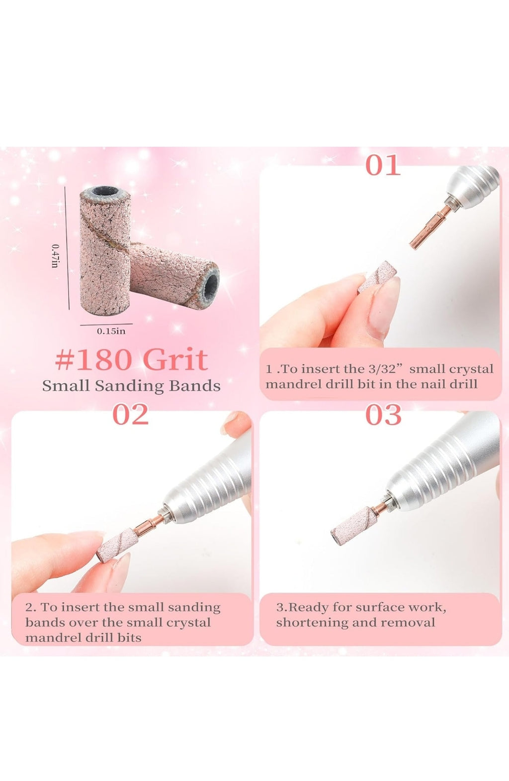 Juego de 100 bandas de lijado pequeñas de 3 mm y 2 brocas de mandril pequeñas para taladro de uñas profesional, lima de uñas de 3 mm con diseño mejorado para manicura y pedicura con eje de acero inoxidable (n.° 180)