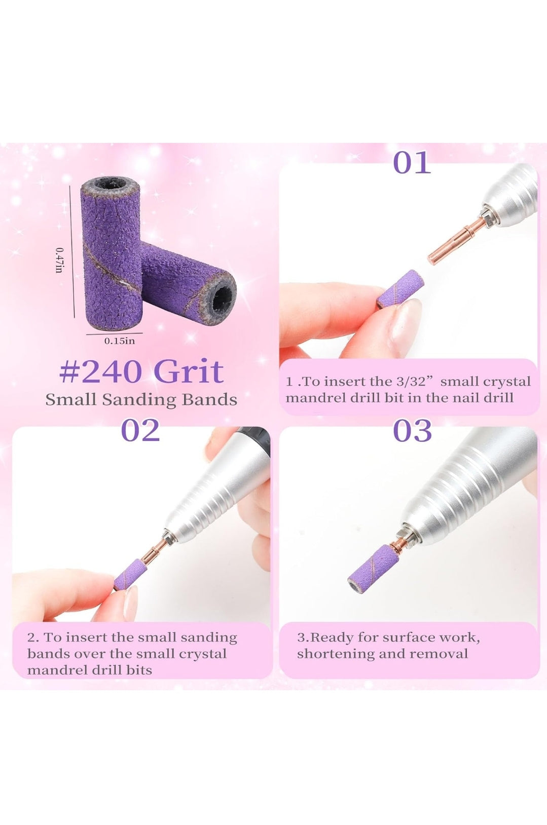 3mm Professional Small Sanding Bands 100 Pcs & 2Pcs Small Mandrel Bit Set for Nail Drill, Upgrade Design 3mm Nail File for Manicures and Pedicure with Stainless Steel Shaft (#240)
