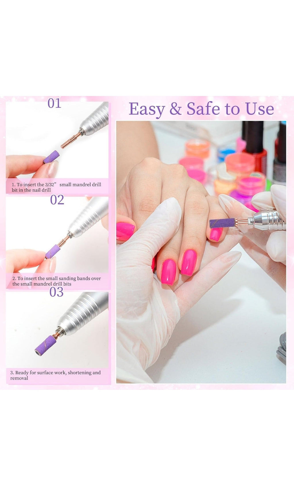 Bandas de lijado profesionales pequeñas de 3 mm (100 unidades) y juego de 2 brocas de mandril pequeñas para taladro de uñas. Lima de uñas de 3 mm con diseño mejorado para manicura y pedicura con eje de acero inoxidable (n.° 240).