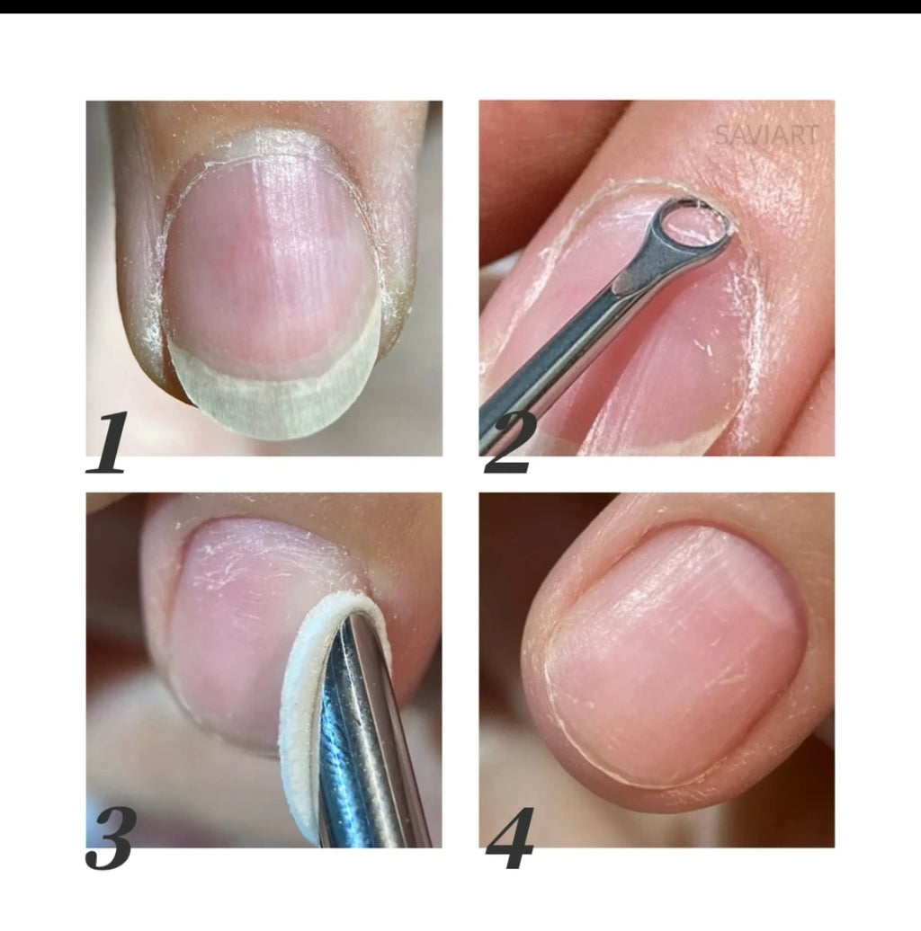 Quitacutículas y empujador de cutículas de doble punta. Inclinado y con bucle.